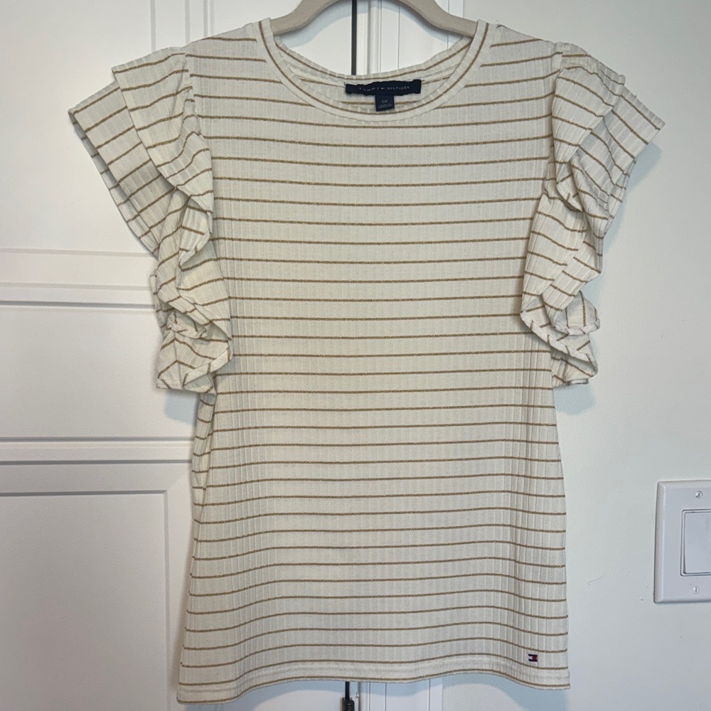 Tommy Hilfiger Ivory Top with Gold Stripes and Ruffle Sleeves SP